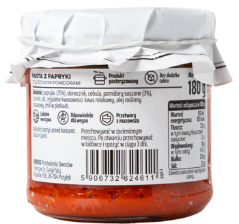Słoik pasty paprykowej z suszonymi pomidorami 180g. Widok z tyłu z białą etykietą, składem i wartościami odżywczymi.