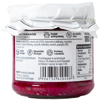 Tył szklanego słoika pasty z buraków ze słonecznikiem, z etykietą zawierającą skład i wartości odżywcze.