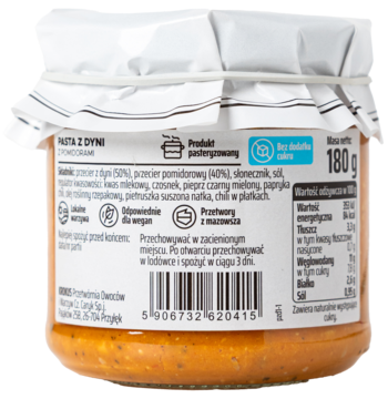 Tył słoika wegańskiej pasty z dyni i pomidorów ze słonecznikiem 180g, z białą etykietą zawierającą skład i wartości odżywcze.