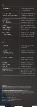 Tył opakowania produktu do włosów redukującego siwiznę z biotiną, z tabelą opisującą jego zalety i składniki.