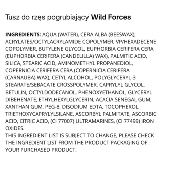 Tył opakowania tuszu pogrubiającego Wild Forces, widoczne szczegóły listy składników.