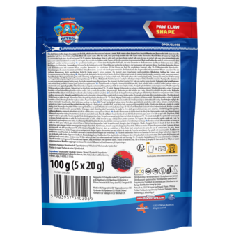 Tył niebieskiej saszetki musującej łapki Paw Patrol dla dzieci, kształt łapy, zapach jeżyny, 100g.