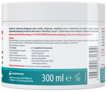 Tył białego opakowania emolientu Polpharma 300 ml do skóry atopowej, widoczne informacje i logo.