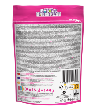 Tył różowej saszetki Gabby's Dollhouse z pastylkami do kąpieli. Widoczny kod kreskowy, szczegółowy skład i waga 144g.