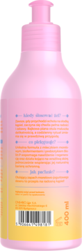 Tył różowo-pomarańczowej butelki płynu do mycia ciała z pompką, z polskim tekstem, kodem kreskowym, 400 ml.