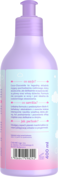 Tył fioletowej butelki z pompką, delikatny nawilżający płyn do mycia dla dzieci 400ml, etykieta z polskim tekstem.