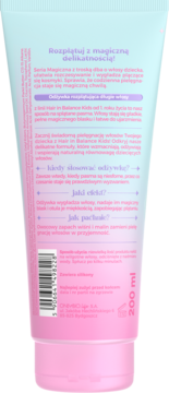 Tył różowo-błękitnej tubki Hair in Balance Kids, odżywki rozplątującej do włosów 200ml, z polskim tekstem.