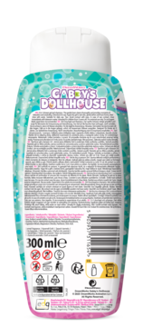 Tył butelki płynu do mycia ciała Gabby's Dollhouse 300ml, z nadrukiem listy składników i kodem EAN.