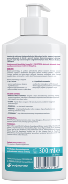 Tył białej butelki emolientu Polpharma 300 ml z pompką, widoczne etykiety ze składem i opisem dla skóry wrażliwej.