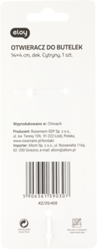 Tył opakowania otwieracza do butelek Eloy 14x4 cm z dekorem Cytryny, z tekstem po polsku i kodem kreskowym.