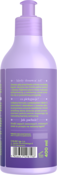 Tył fioletowej butelki żelu do kąpieli z pompką, widoczne polskie opisy, kod kreskowy i oznaczenie 400 ml.