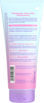 Tył tubki pielęgnacyjnej odżywki dla dzieci Hair in Balance Kids, 200 ml, pastelowy róż i błękit.