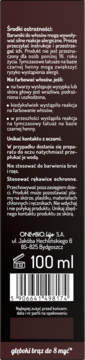 Tył ciemnego opakowania farby do włosów, głęboki brąz do 8 myć, z polskimi ostrzeżeniami, kodem kreskowym, 100 ml.
