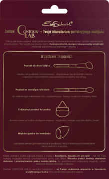 Tył opakowania zestawu do konturowania SWEDISH CONTOUR LAB, ciemnobordowe, z opisami i pędzlami, gąbką.