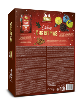 Tył czerwonego pudełka Brit Care Cat Christmas Box dla kota, z etykietami i obrazkami przysmaków, zupy, zabawek.
