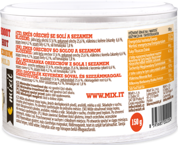 Tył okrągłej puszki Mixit z prażonymi nerkowcami i pekan, biała etykieta ze składem i wartościami odżywczymi.