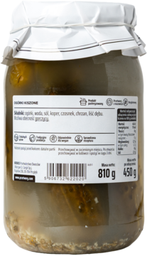 Tył słoika z ogórkami kiszonymi, biała etykieta z listą składników i kodem kreskowym produktu pasteryzowanego.