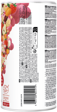 Tył opakowania owocowego musli 450g, z jasną grafiką różnych owoców, kodem kreskowym i tekstem o produkcie.