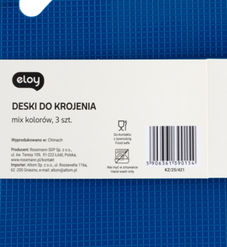 Tył niebieskiego opakowania zestawu 3 desek do krojenia Eloy, z tekstem produktu i kodem kreskowym.