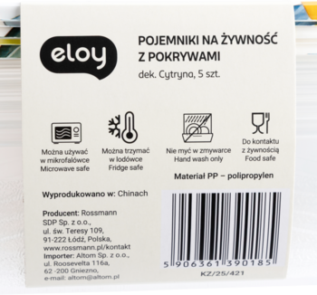 Tył opakowania Eloy pojemników na żywność z pokrywami, 5 sztuk, PP, z symbolami: mikrofalówka, lodówka.
