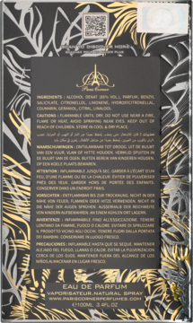 Tył czarnego opakowania perfum Khair PARIS CORNER 100ml. Widoczne składniki, ostrzeżenia producenta.