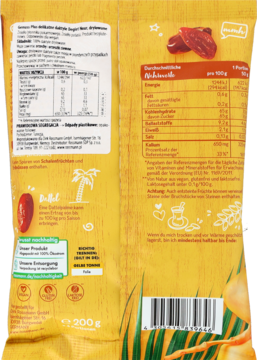 Tył żółtej paczki wegańskiego produktu bezglutenowego, źródło błonnika i potasu, widoczne wartości odżywcze.