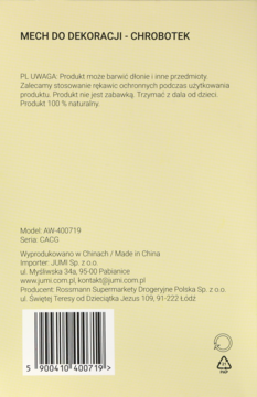 Tył jasnożółtego opakowania mchu dekoracyjnego chrobotka, z ostrzeżeniami, danymi producenta i kodem kreskowym.