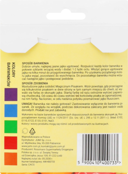 Tył żółtego opakowania barwników do jajek JUMI z instrukcją użycia po polsku, widoczne próbki kolorów i kod kreskowy.
