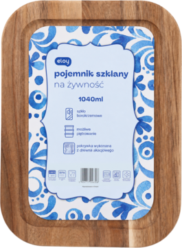 Elay pojemnik szklany 1040ml, borokrzemowy prążkowany, z akacjową pokrywką, błękitna etykieta, na desce.