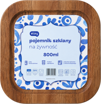 Kwadratowy szklany pojemnik Eloy 800ml z drewnianą pokrywką, widok z góry na etykietę z wzorem.
