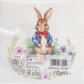 Serwetka papierowa dekoracyjna wielkanocna z rysunkiem zająca w niebieskiej marynarce, kwiaty, jajka. 33x33cm, 20 szt.