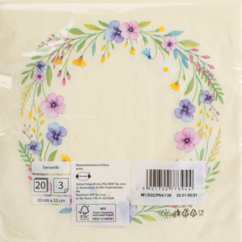 Serwetki papierowe dekoracyjne, kremowe, z nadrukiem kolorowego wieńca kwiatowego, w folii, widok z przodu.