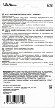 Tył opakowania olejku do paznokci Sally Hansen z witaminą E, widoczna lista składników i kod kreskowy.