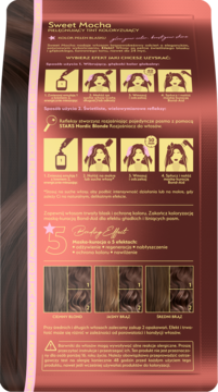 Tył opakowania farby Sweet Mocha z instrukcją aplikacji, próbkami koloru włosów i polskim tekstem o 5 efektach.