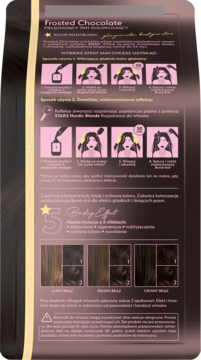 Tył opakowania farby do włosów Frosted Chocolate, instrukcje aplikacji i próbki koloru dla odcieni brązu.