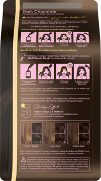 Tył opakowania farby do włosów Dark Chocolate. Widoczne instrukcje, tabela kolorów i opis maski 5 Beauty Effect.
