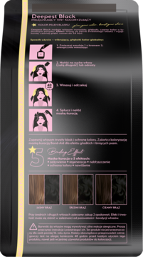 Tył opakowania farby do włosów Deepest Block z instrukcją użycia i paletą kolorów od ciemnego brązu do czarnego.
