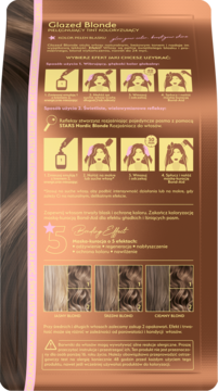 Tył opakowania farby do włosów Glazed Blonde z instrukcją krok po kroku i próbnikami odcieni blondu.