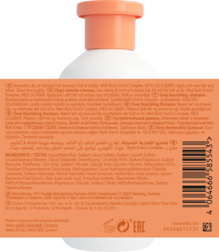 Tył białej butelki szamponu Wella Invigo Nutri-Enrich z pomarańczową zakrętką, widoczna lista składników.