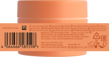 Tył brzoskwiniowego opakowania Wella Invigo Nutri-Enrich maski nawilżającej, z kodem kreskowym i opisem.