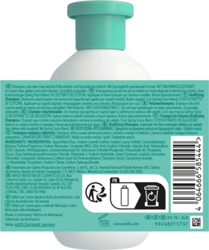 Tył opakowania szamponu Invigo Volume Boost dla cienkich włosów z ekstraktem bawełny, etykieta z kodem kreskowym i ikonami recyklingu.