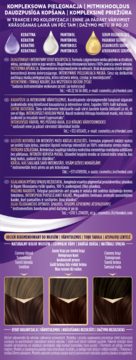 Tył opakowania Palette Intensive Color Creme, fioletowe tło, opis formuły Multi-Care z Keratyną, Pantenolem i Serum, trzy próbki włosów.