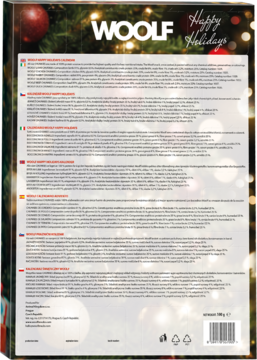 Tył kalendarza adwentowego WOOLF dla psów z informacjami o przysmakach i składnikach na ciemnym tle świątecznym.