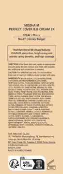 Tył opakowania Missha M Perfect Cover BB Cream EX, No.27 Honey Beige, z opisem i składnikami.