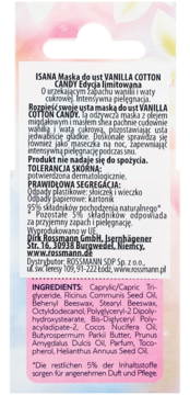 Tył opakowania maski do ust ISANA Vanilla Cotton Candy. Biała etykieta z opisem produktu i różowa z listą składników.