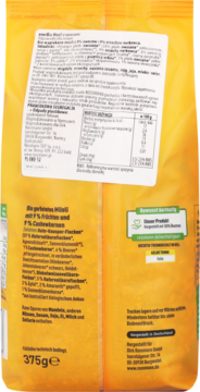 Tył żółtej torebki wegańskiego musli 375g, z polskim opisem składu i wartości odżywczych.