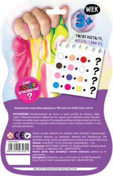 Tył opakowania antystresowej masy Lewin Ice Fluffy Come z ręką ściskającą kolorowy slime, zagadki mieszania kolorów.