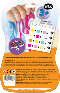 Tył opakowania masy plastycznej, kolorowy slime rozciągany dłońmi, zagadka "Jaki kolor stworzysz?", wiek 3+.