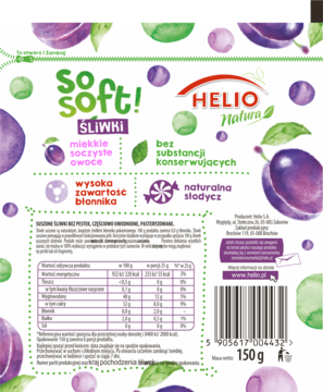 Tył opakowania HELIO so soft! Śliwki, suszone miękkie owoce, z informacją o braku konserwantów.