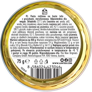Spód okrągłego opakowania wegańskiej pasty tofu z gruszkami, widoczna lista składników, kod kreskowy i waga 75g.
